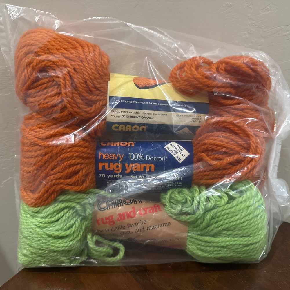 3 Vintage Caron Heavy Rug and Craft Yarn Skeins Burnt Orange Green 1.6oz 70 Yds